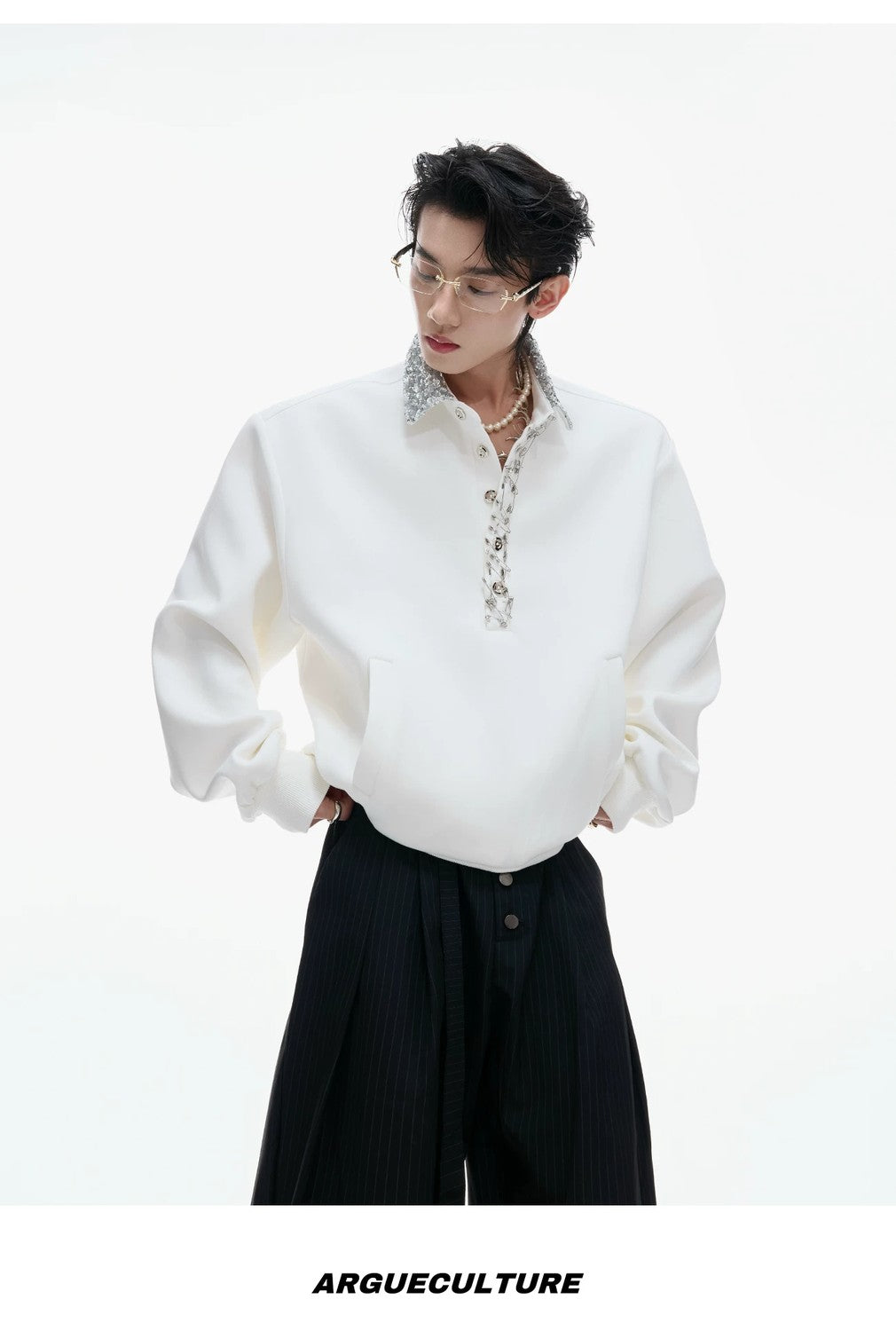 desc::sequin-polo-sweatshirt-with-safety-pin-streetwear-top-detail-img-10