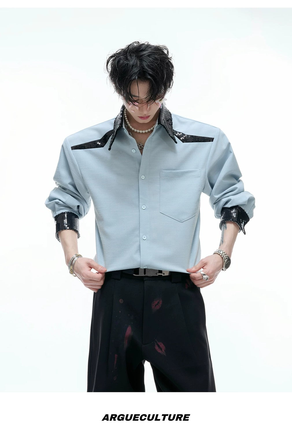 desc::sequin-spliced-shoulder-pad-shirt-unisex-streetwear-button-down-detail-img-10