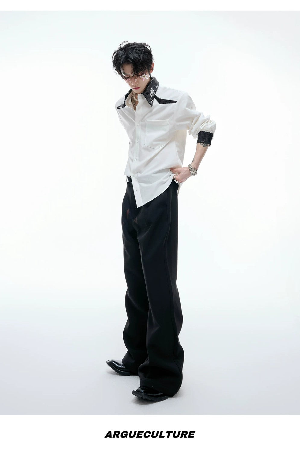 desc::sequin-spliced-shoulder-pad-shirt-unisex-streetwear-button-down-detail-img-15