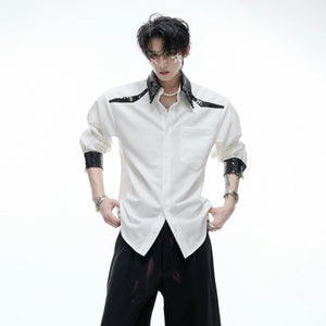 Front view of unisex sequin spliced button-down shirt in blue