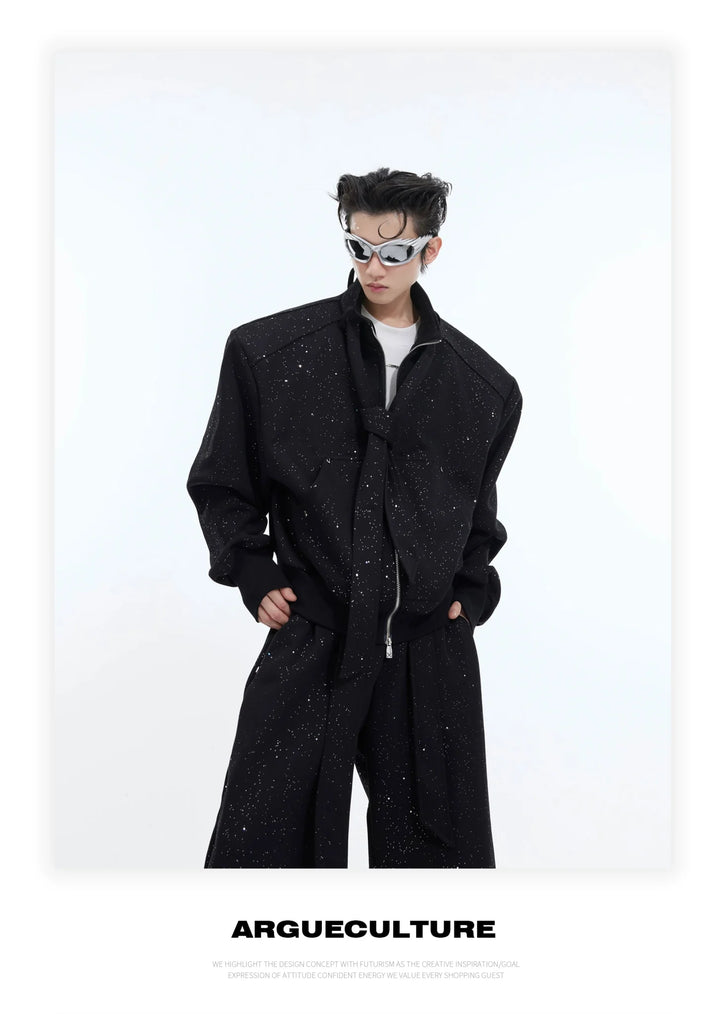 Sequin Split Design Stand Collar Hoodie Set with Tie - Integrated Jacket - ArguE CulturE