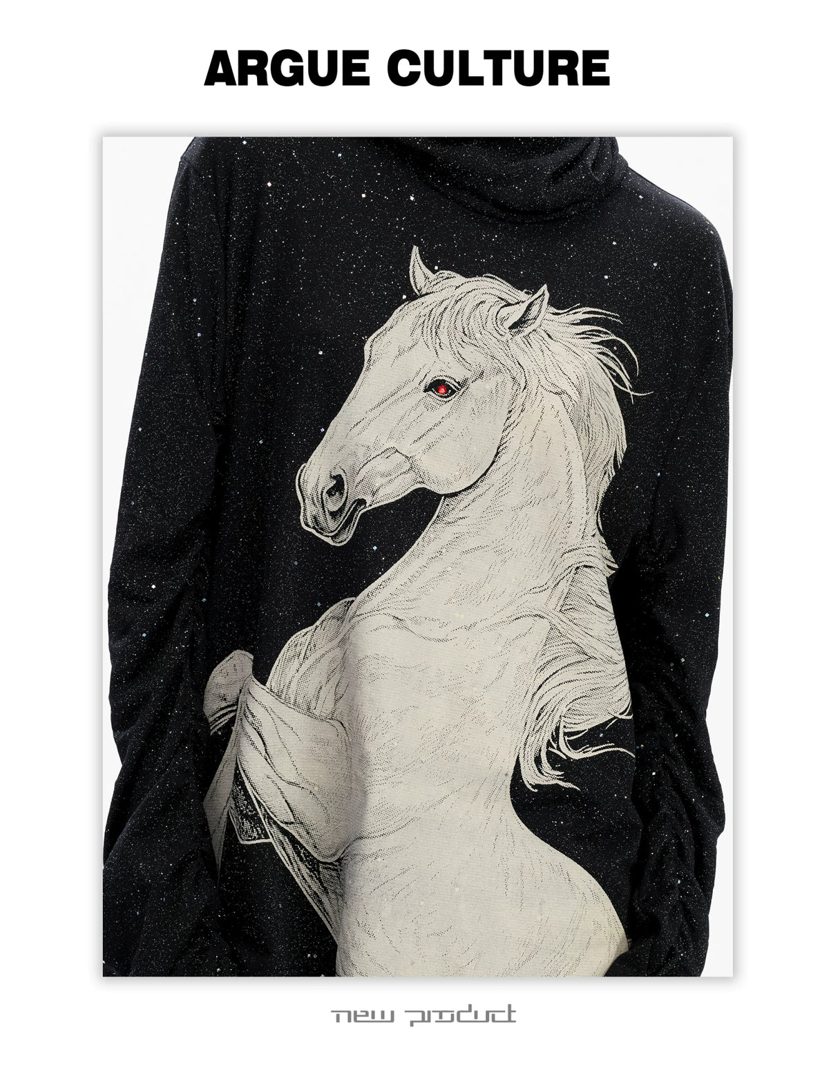Sequin White Horse Turtleneck Long Sleeve Tee in Black - detail image 2