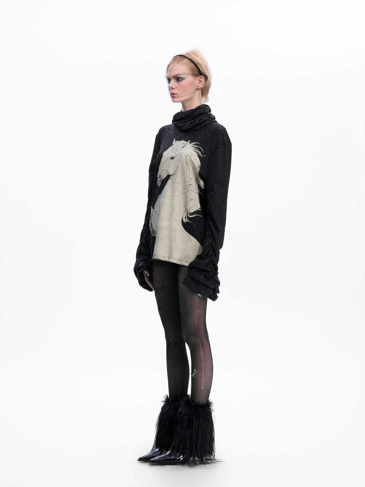 Sequin White Horse Turtleneck Long Sleeve Tee in Black - main image 3