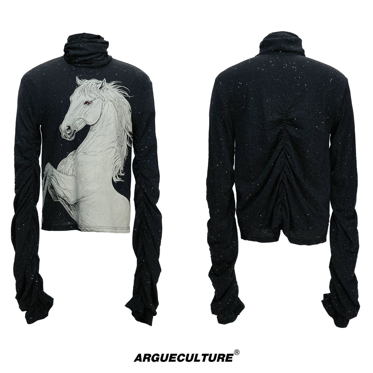 Sequin White Horse Turtleneck Long Sleeve Tee in Black - Black