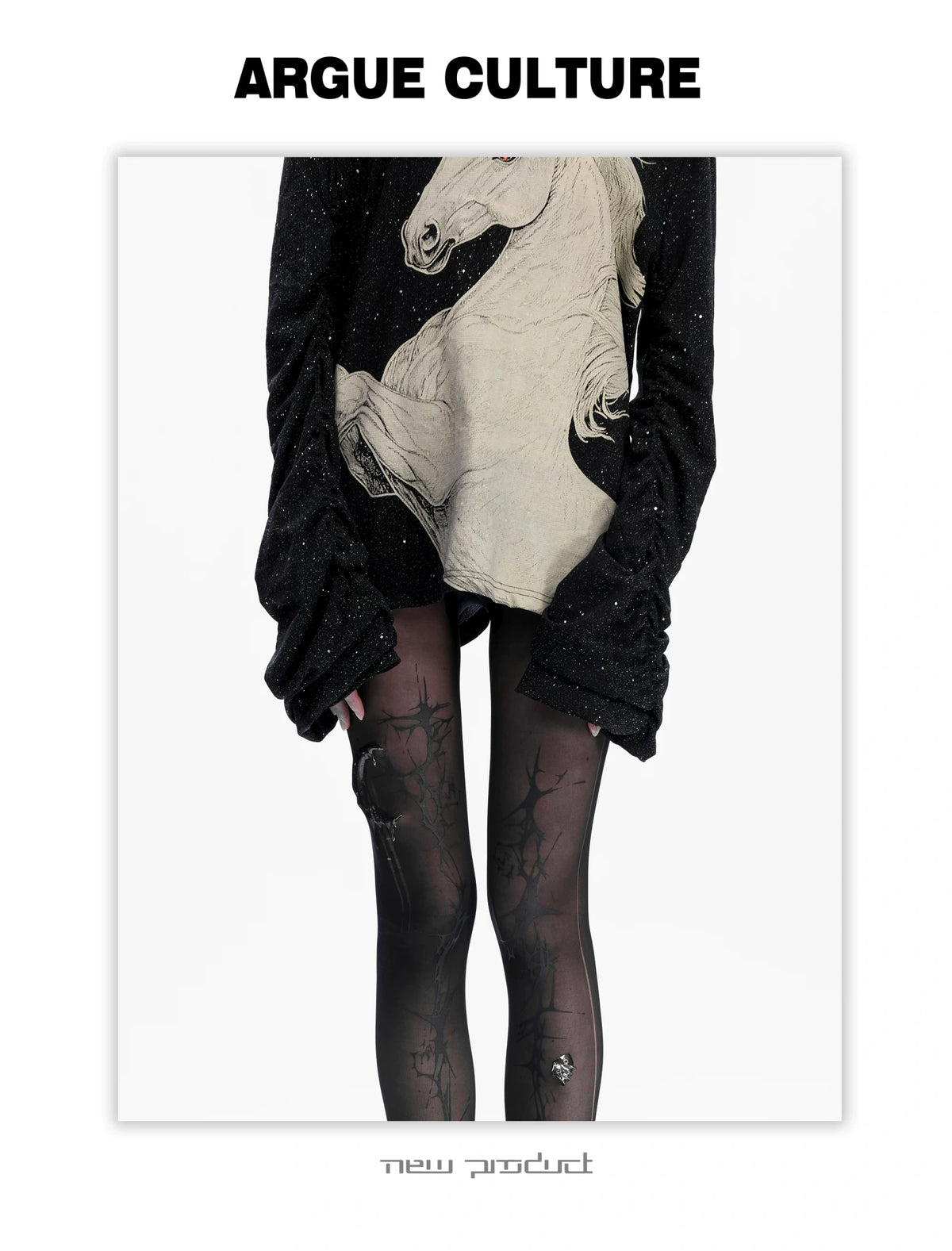 Sequin White Horse Turtleneck Long Sleeve Tee in Black - detail image 5
