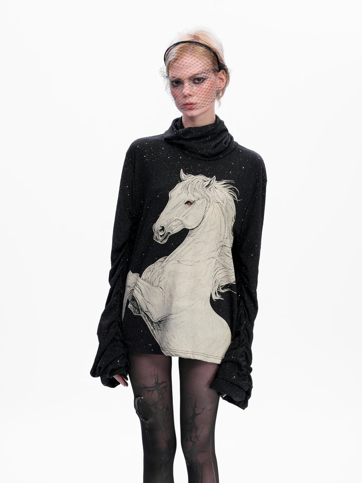 Sequin White Horse Turtleneck Long Sleeve Tee in Black - main image 1