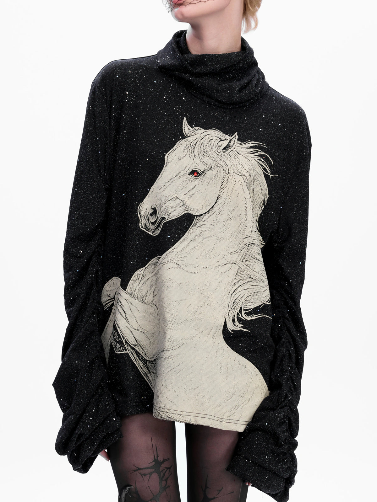 Sequin White Horse Turtleneck Long Sleeve Tee in Black - main image 2