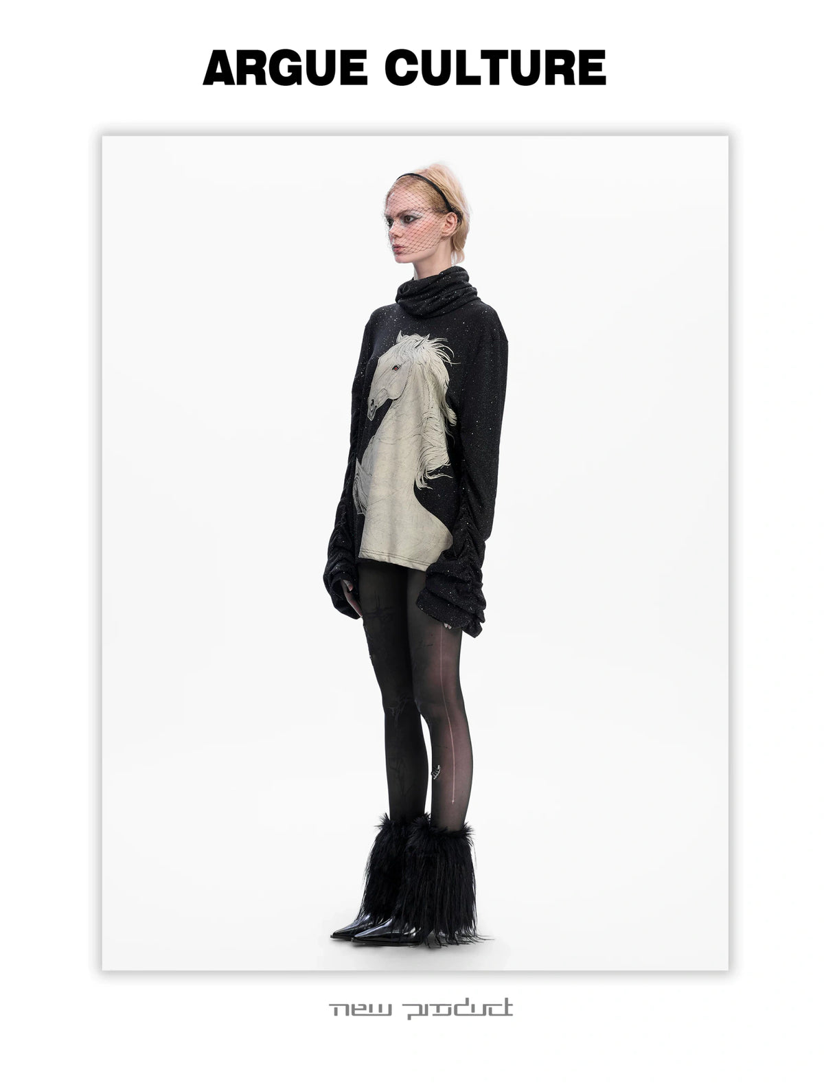Sequin White Horse Turtleneck Long Sleeve Tee in Black - detail image 3