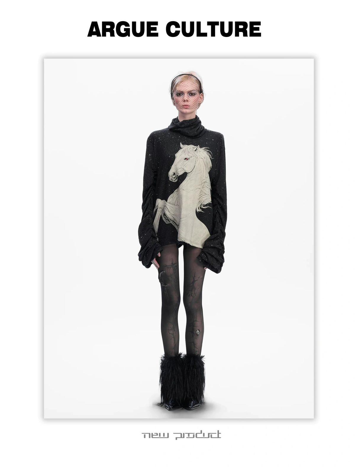 Sequin White Horse Turtleneck Long Sleeve Tee in Black - detail image 4