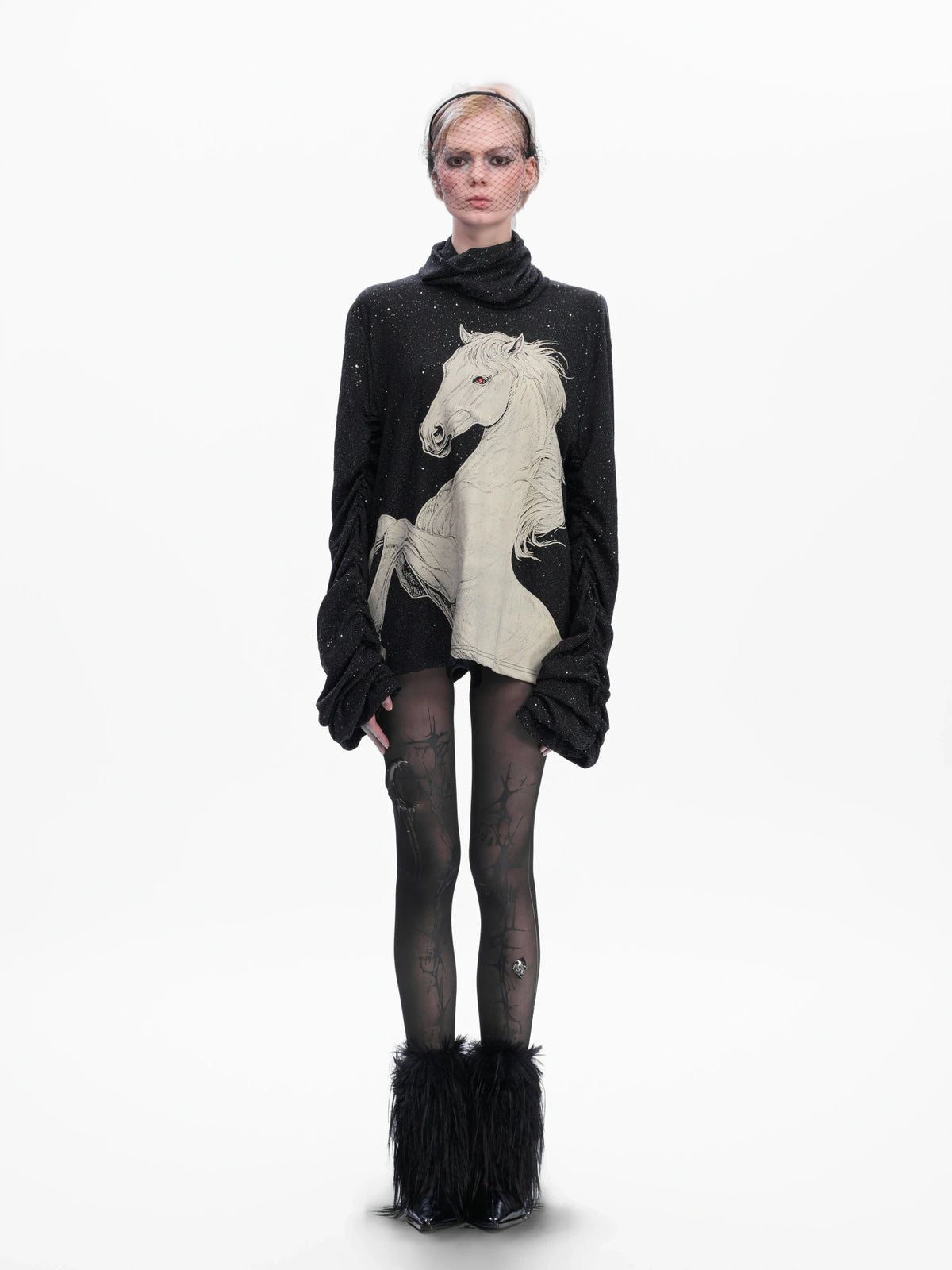 Sequin White Horse Turtleneck Long Sleeve Tee in Black - main image 5