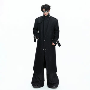 Front view of the black sequin broad shoulder wool overcoat