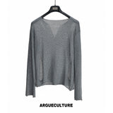 Sheer Distressed V-Neck Knit Top in Linen Blend - Distressed Gray