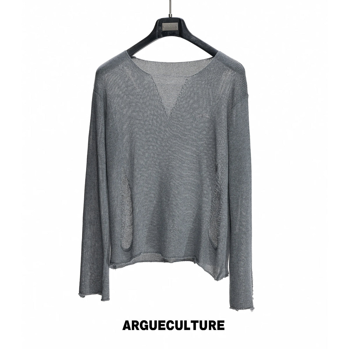 Sheer Distressed V-Neck Knit Top in Linen Blend - Distressed Gray