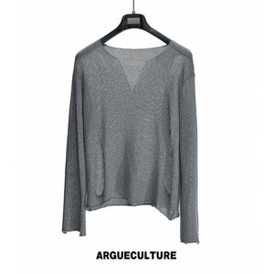 Sheer Distressed V-Neck Knit Top in Linen Blend - Distressed Gray
