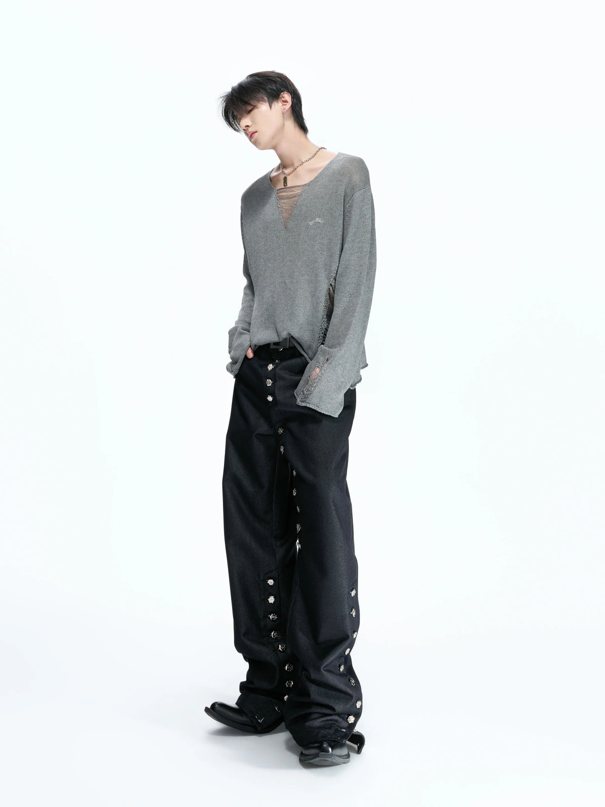 Sheer Distressed V-Neck Knit Top in Linen Blend - main image 4