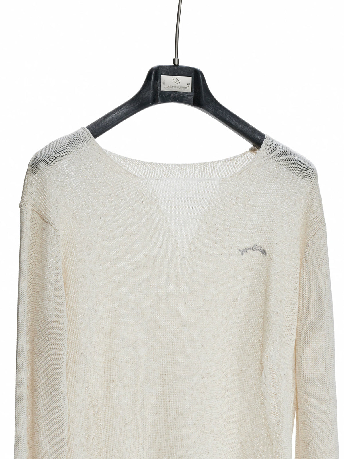 Sheer Distressed V-Neck Knit Top in Linen Blend - main image 5