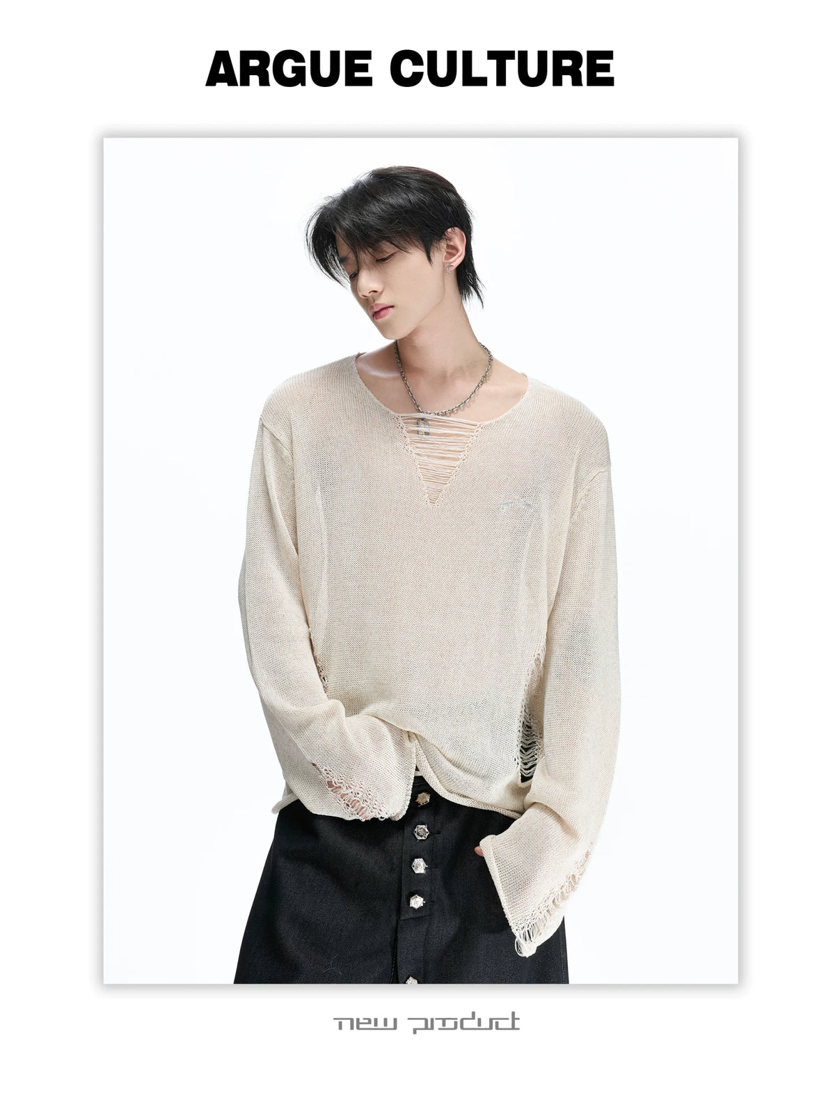 Sheer Distressed V-Neck Knit Top in Linen Blend - detail image 8