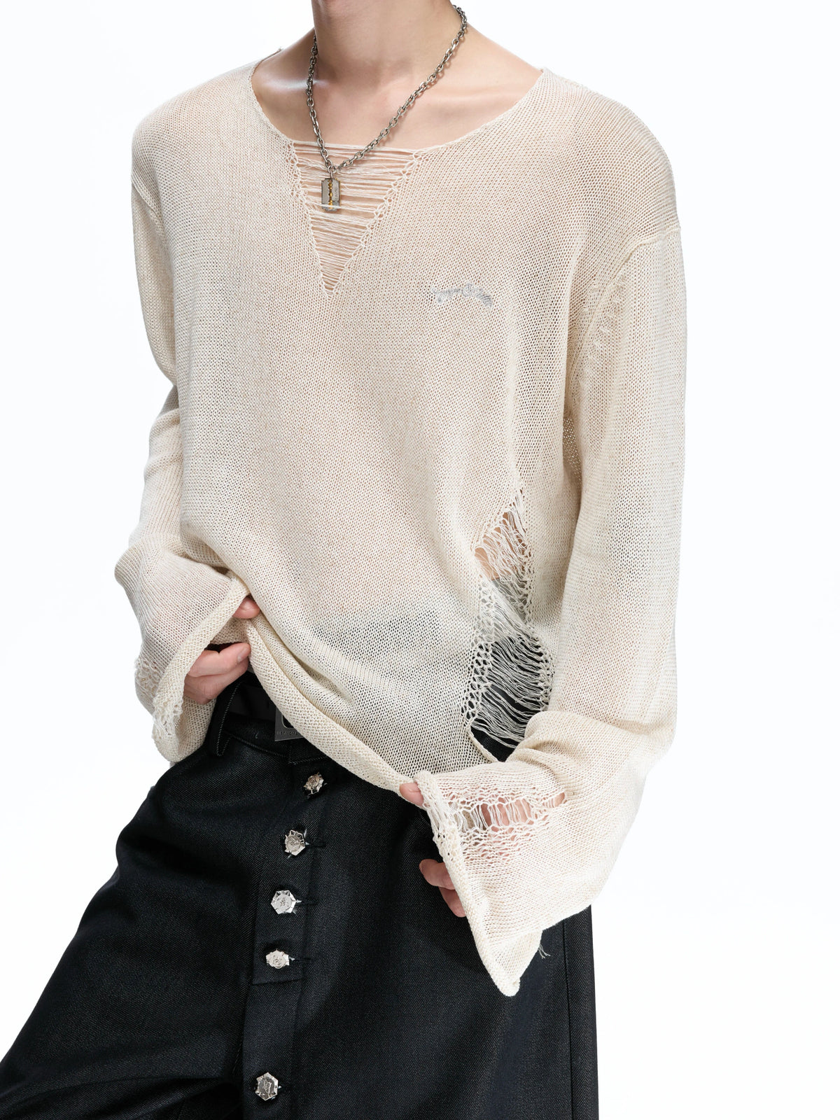 Sheer Distressed V-Neck Knit Top in Linen Blend - main image 3