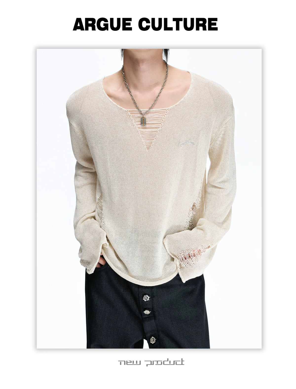 Sheer Distressed V-Neck Knit Top in Linen Blend - detail image 7
