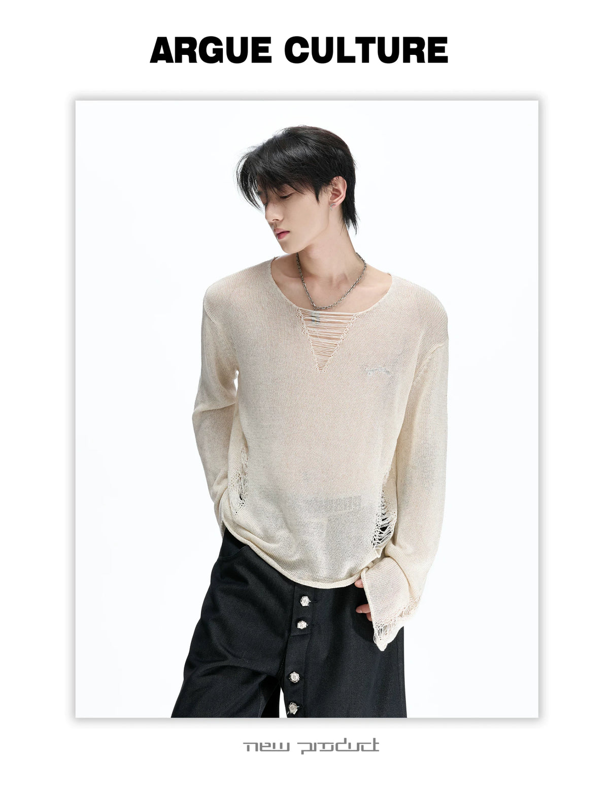 Sheer Distressed V-Neck Knit Top in Linen Blend - detail image 6