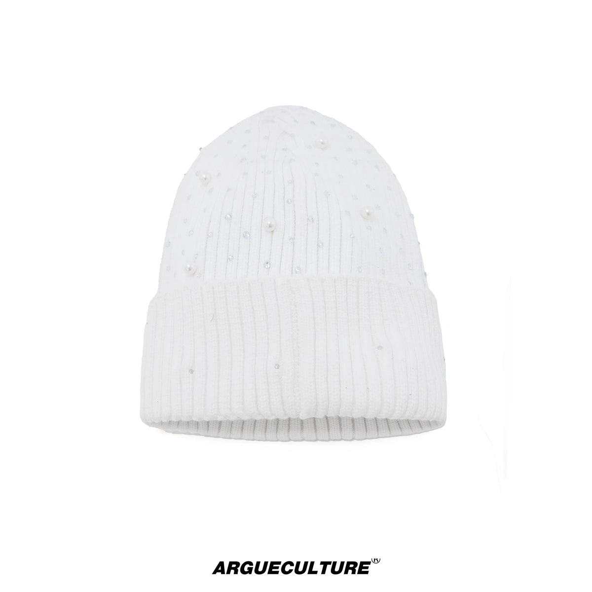 Shimmer Pearl Knit Beanie for Avant-Garde Streetwear - White