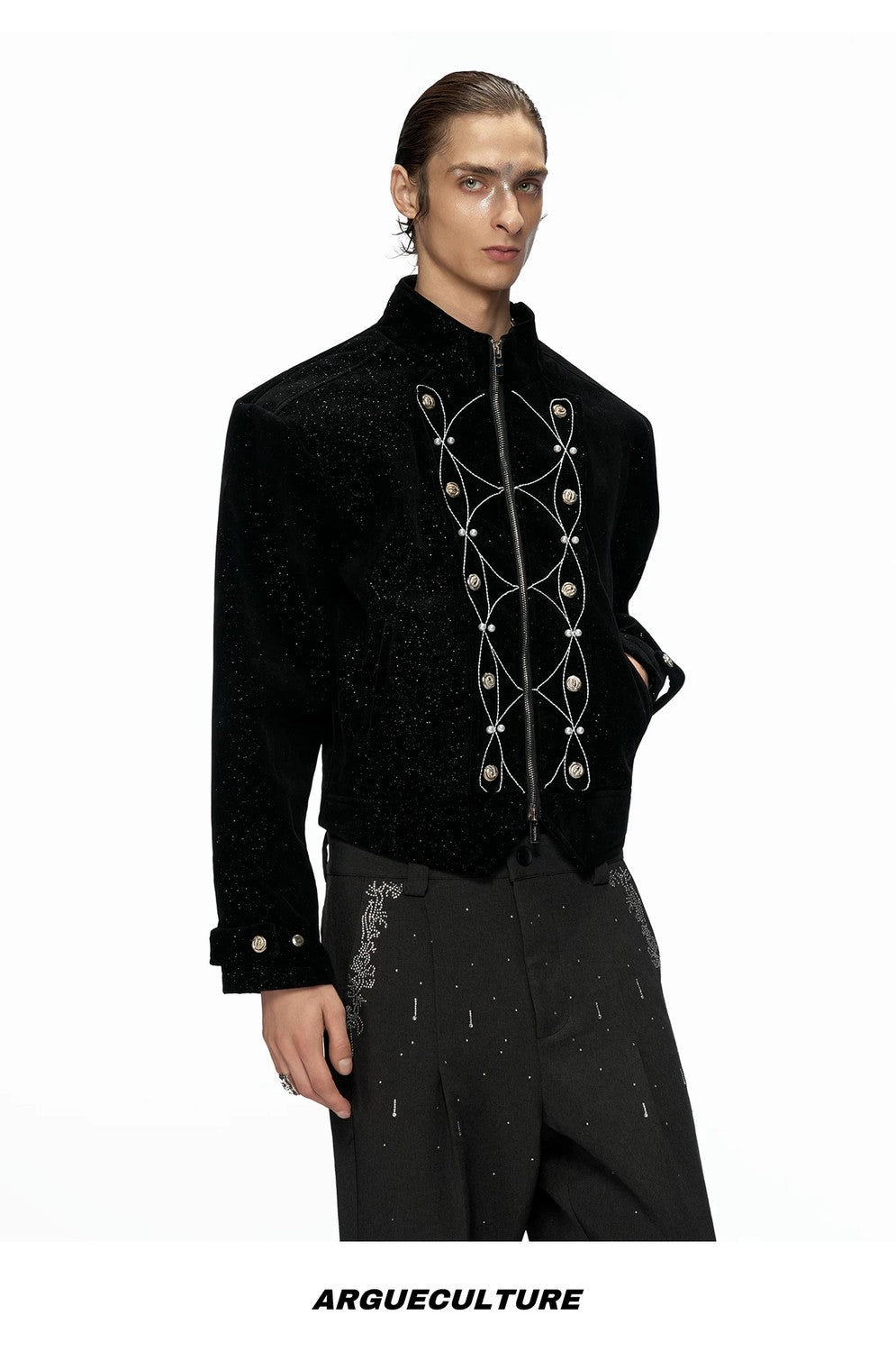 desc::shimmer-sequin-cropped-jacket-metallic-streetwear-bomber-detail-img-13