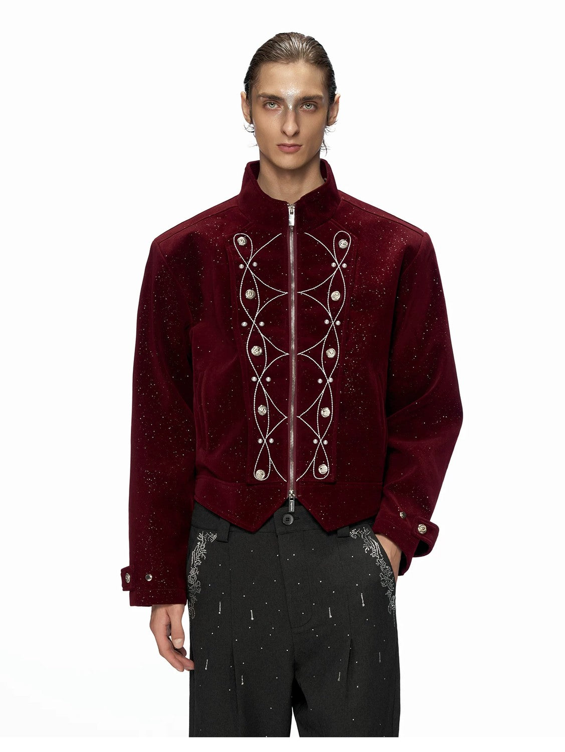 desc::shimmer-sequin-cropped-jacket-metallic-streetwear-bomber-detail-img-2