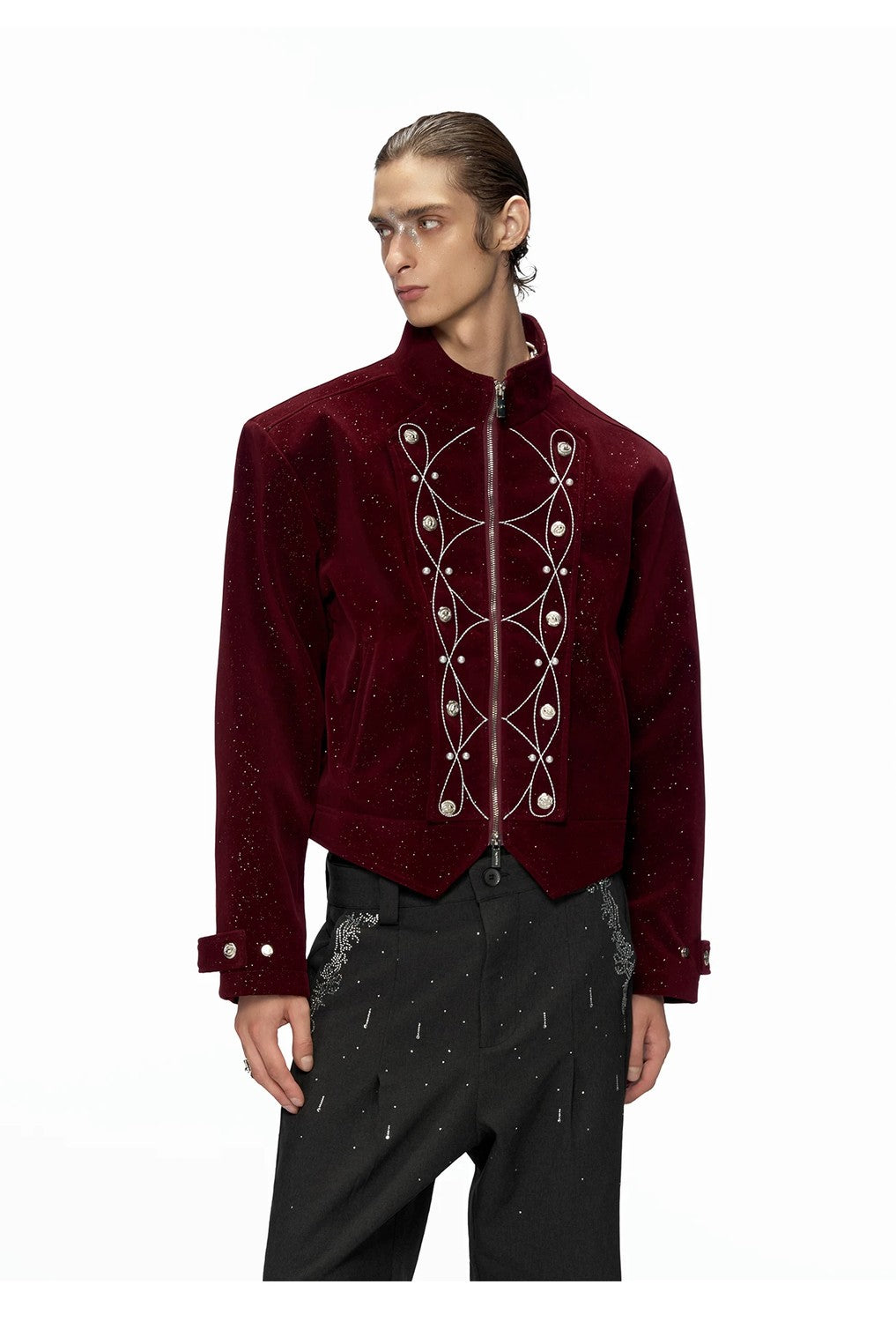 desc::shimmer-sequin-cropped-jacket-metallic-streetwear-bomber-detail-img-5