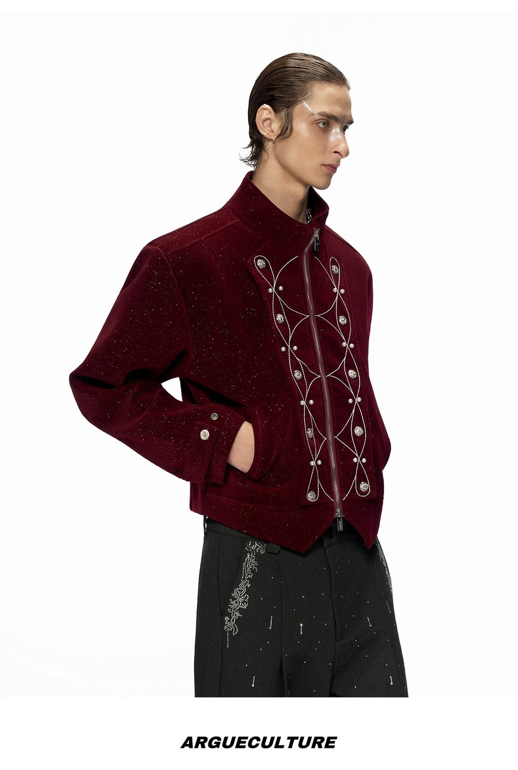 desc::shimmer-sequin-cropped-jacket-metallic-streetwear-bomber-detail-img-8