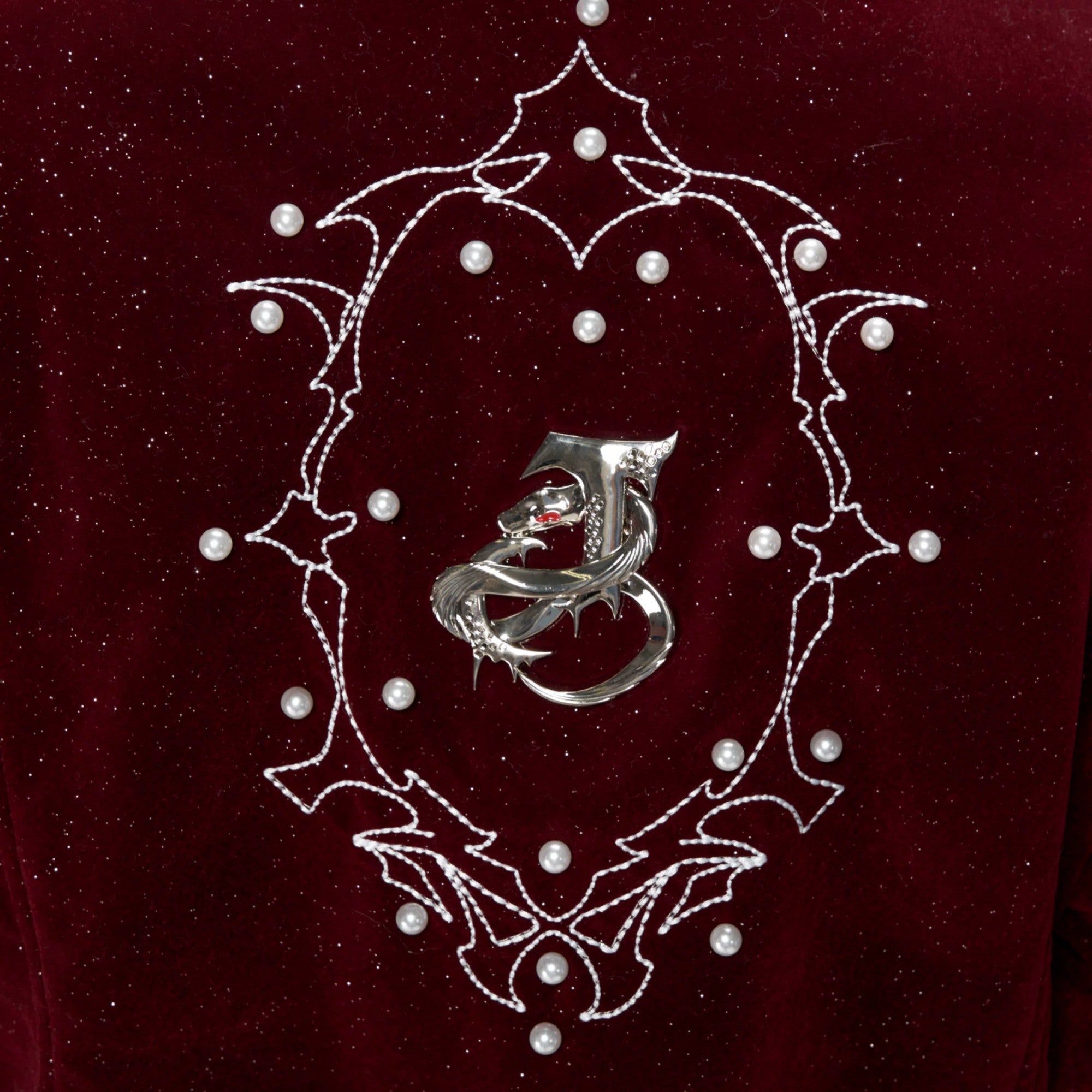 Close-up of the cold-brushed metallic snake rings on the jacket front