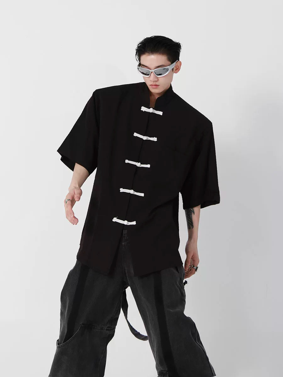 Short-Sleeve Frog Closure Cardigan in Black | Stand Collar - main image 3