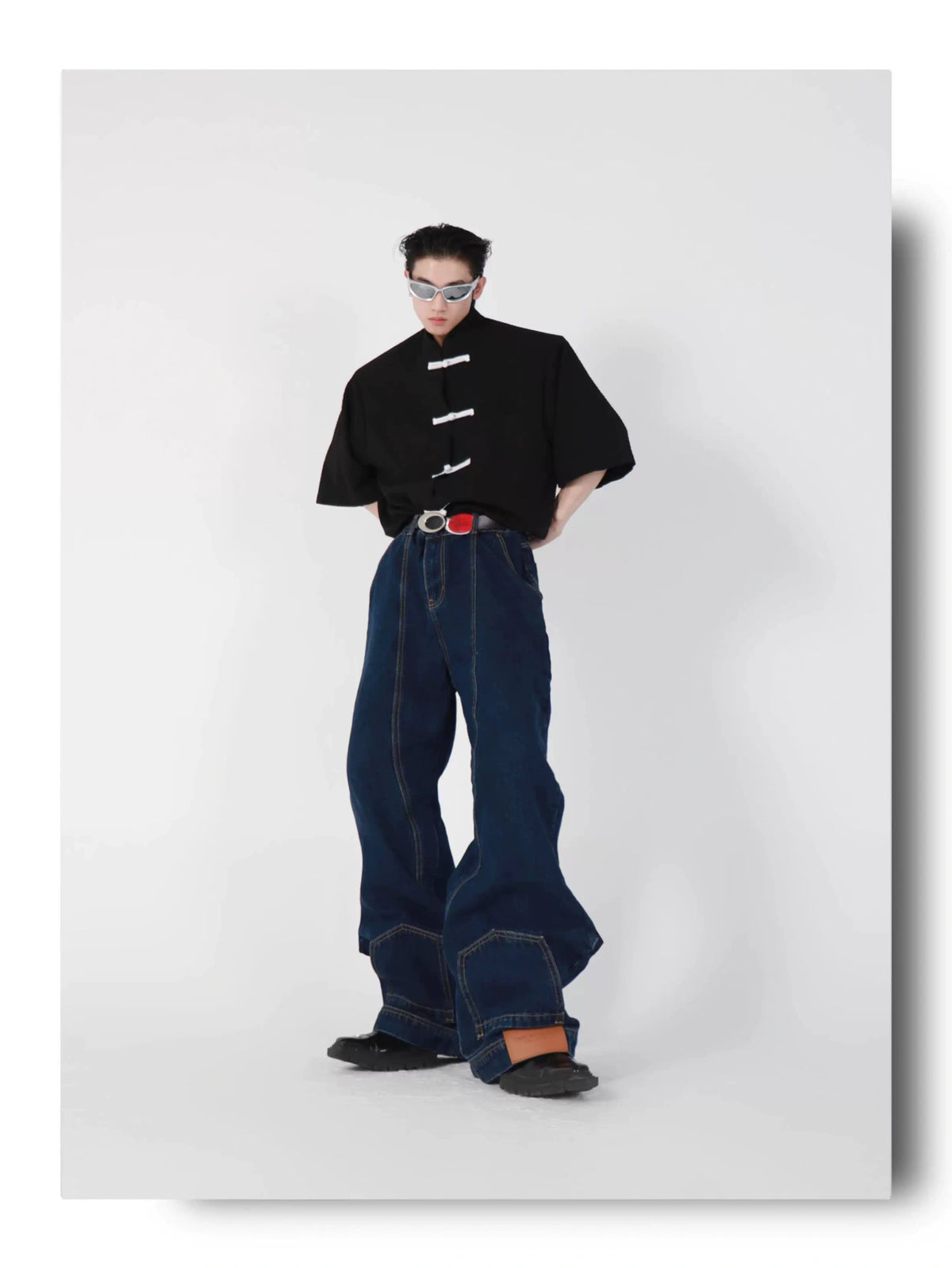 Short-Sleeve Frog Closure Cardigan in Black | Stand Collar - detail image 9