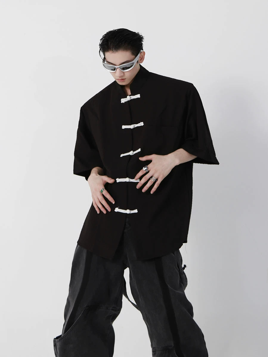 Short-Sleeve Frog Closure Cardigan in Black | Stand Collar - main image 1