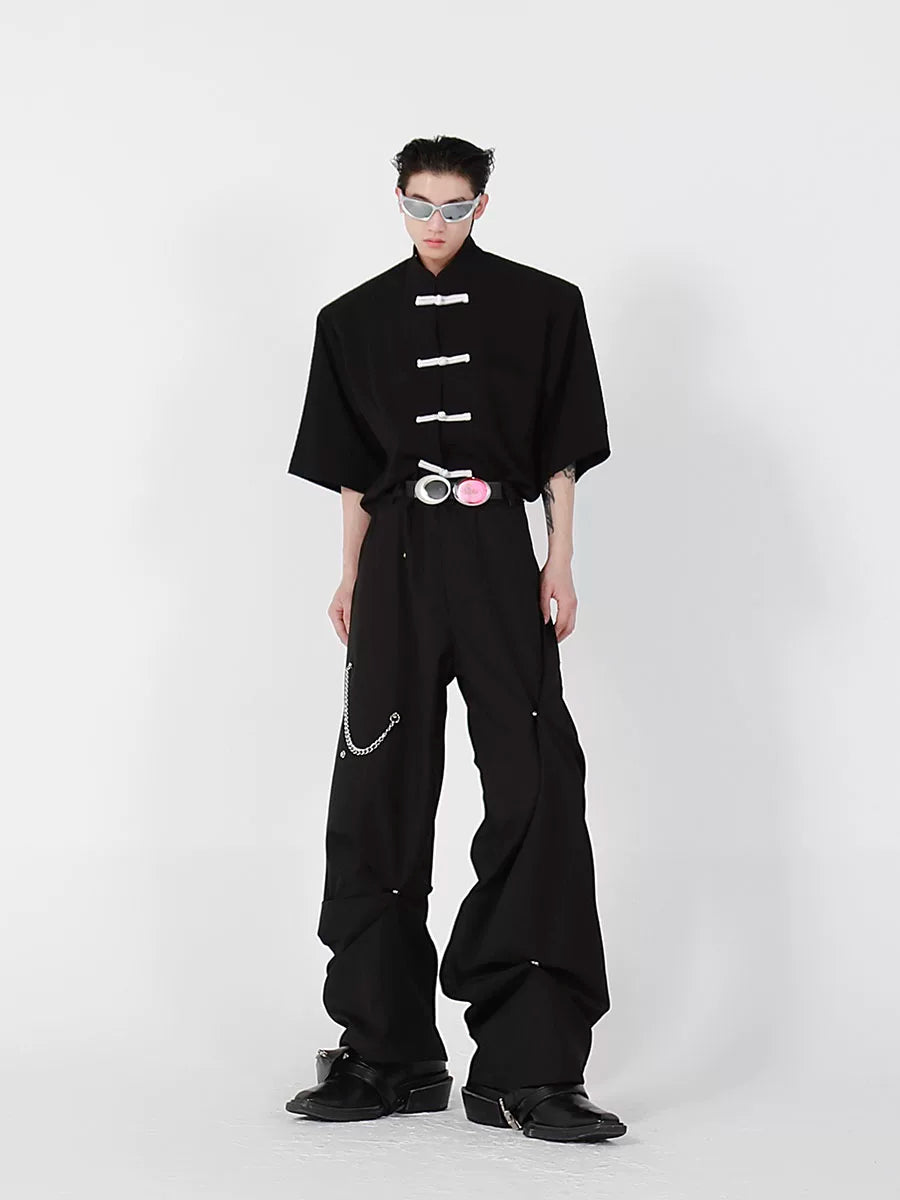 Short-Sleeve Frog Closure Cardigan in Black | Stand Collar - main image 2