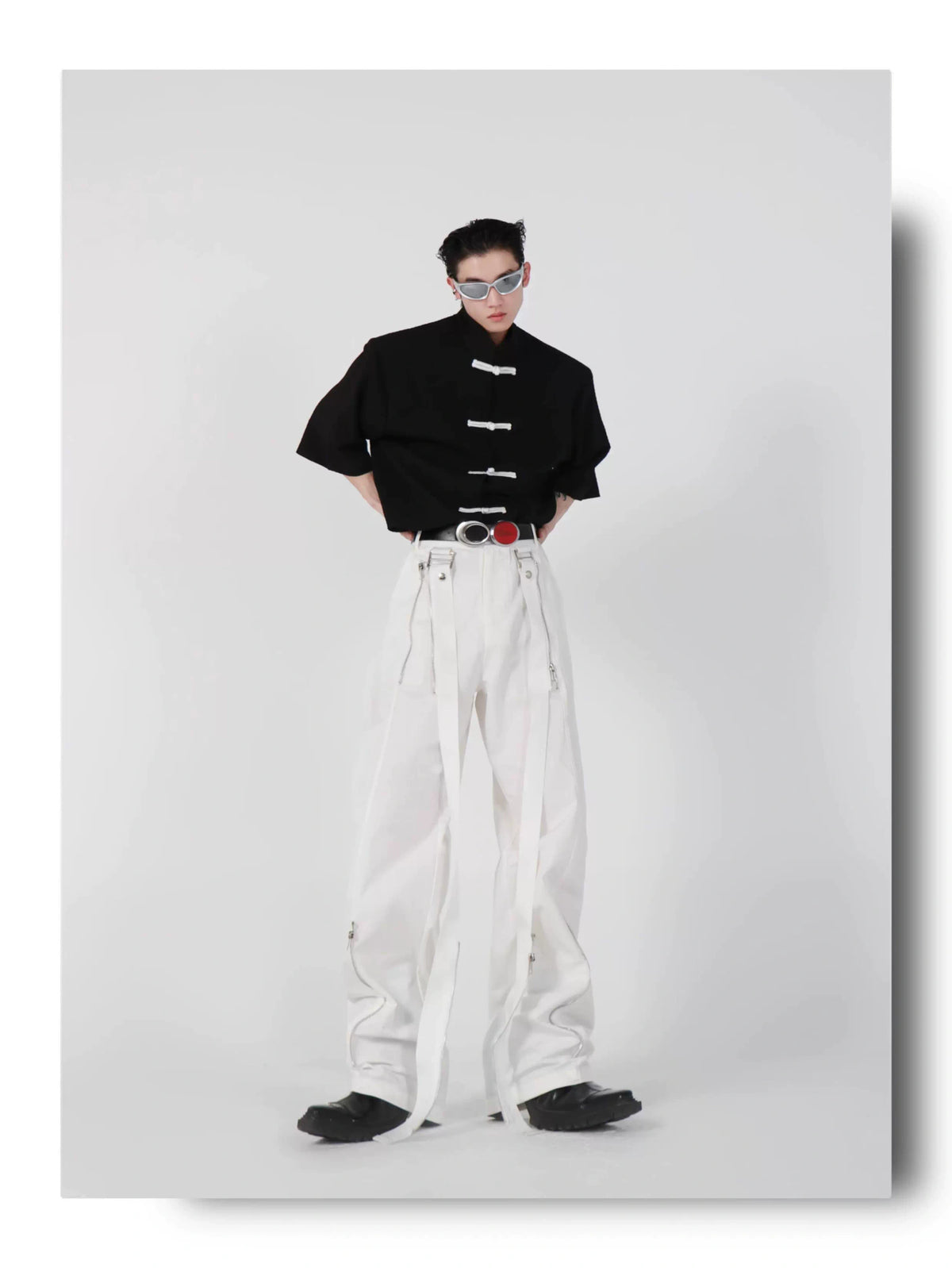 Short-Sleeve Frog Closure Cardigan in Black | Stand Collar - detail image 12