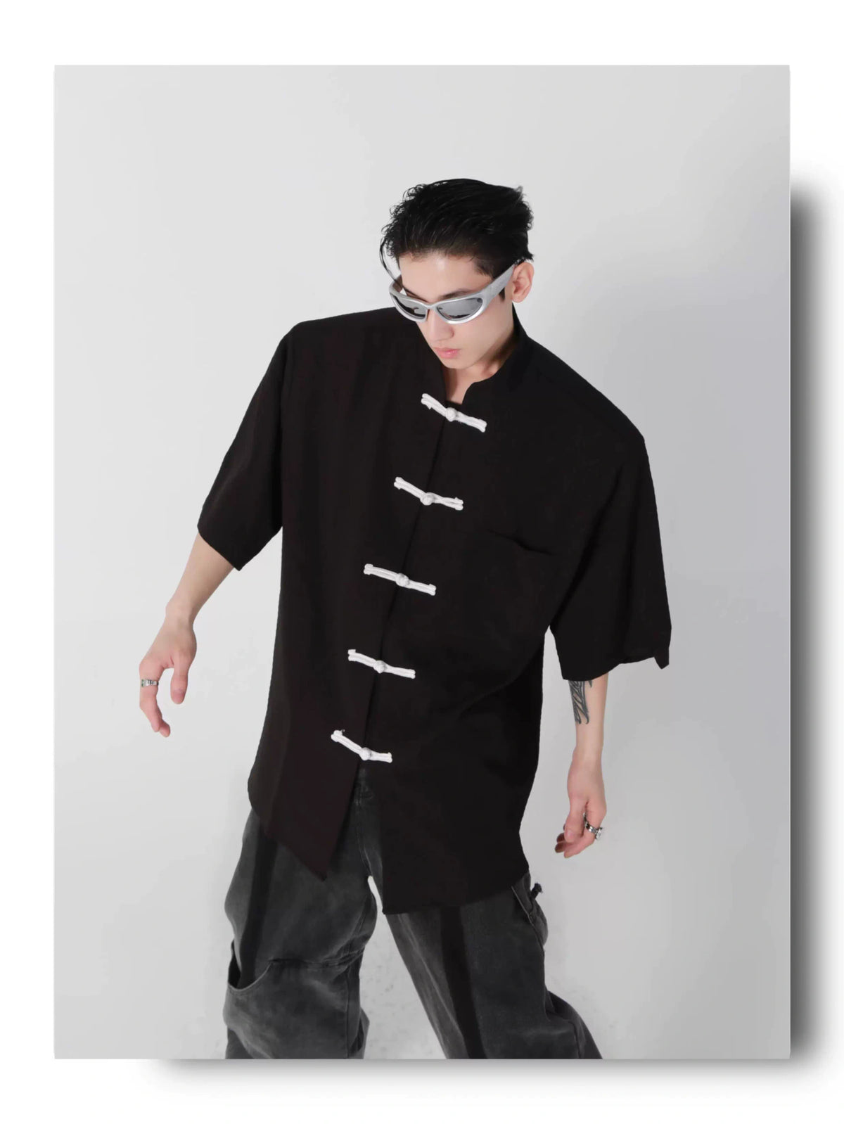 Short-Sleeve Frog Closure Cardigan in Black | Stand Collar - detail image 4