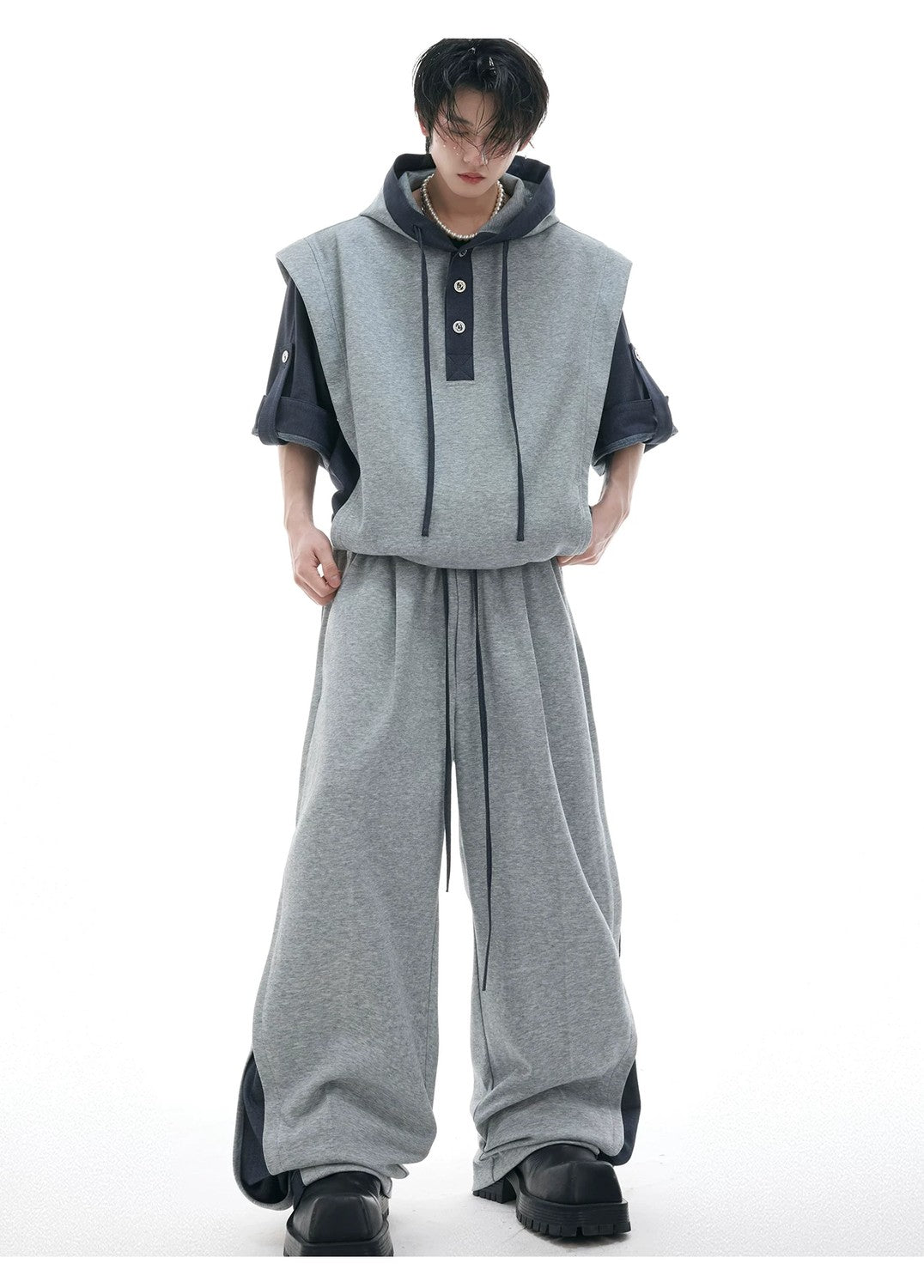 desc::short-sleeve-patchwork-hoodie-sweatpants-streetwear-set-detail-img-5