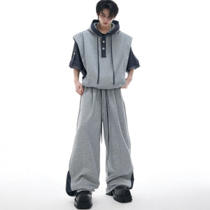 Black short sleeve patchwork hoodie and sweatpants streetwear set