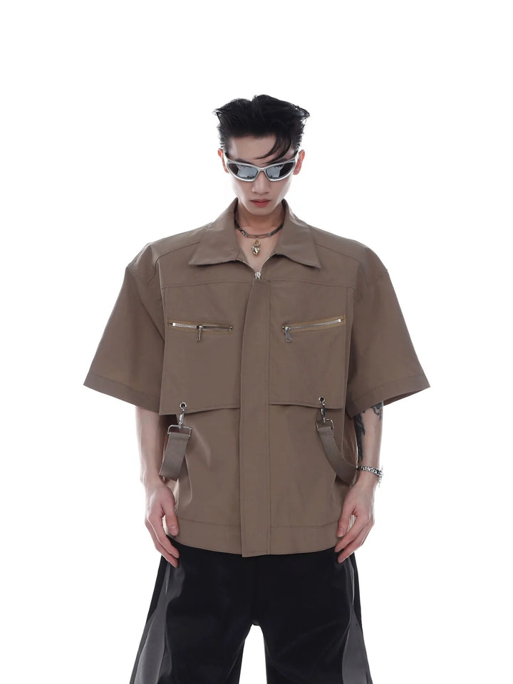 Shoulder Pad Short Sleeve Shirt with Metal Zipper Front and Utility Style - ArguE CulturE