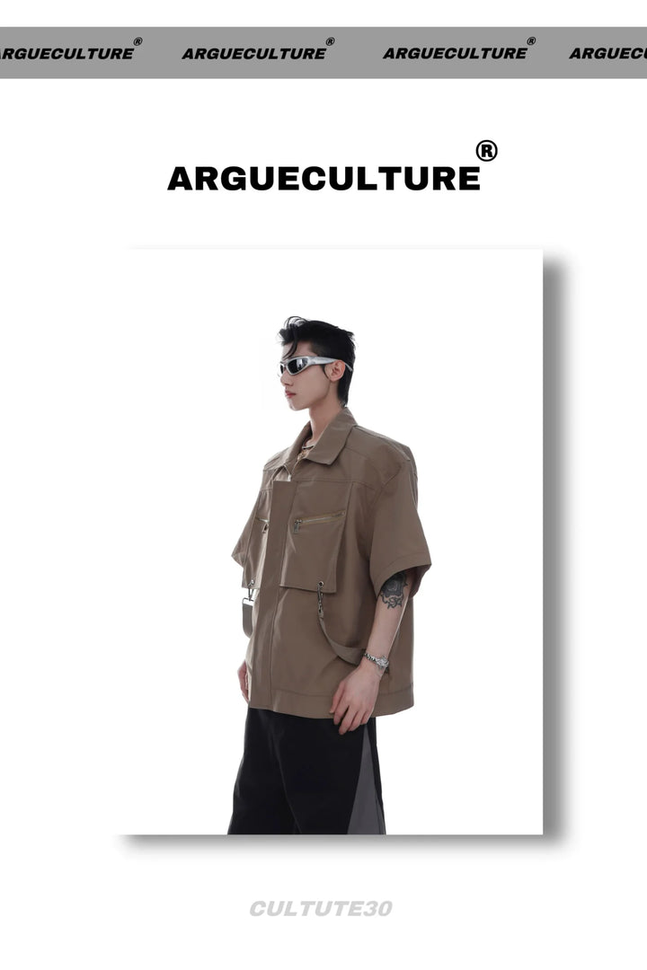 Shoulder Pad Short Sleeve Shirt with Metal Zipper Front and Utility Style - ArguE CulturE