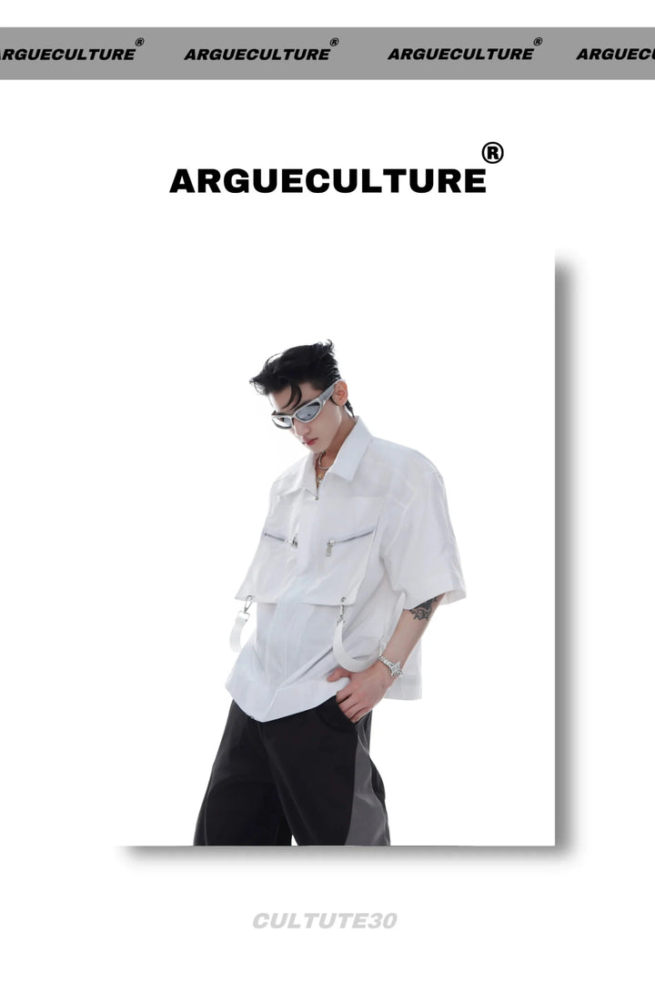 Shoulder Pad Short Sleeve Shirt with Metal Zipper Front and Utility Style - ArguE CulturE