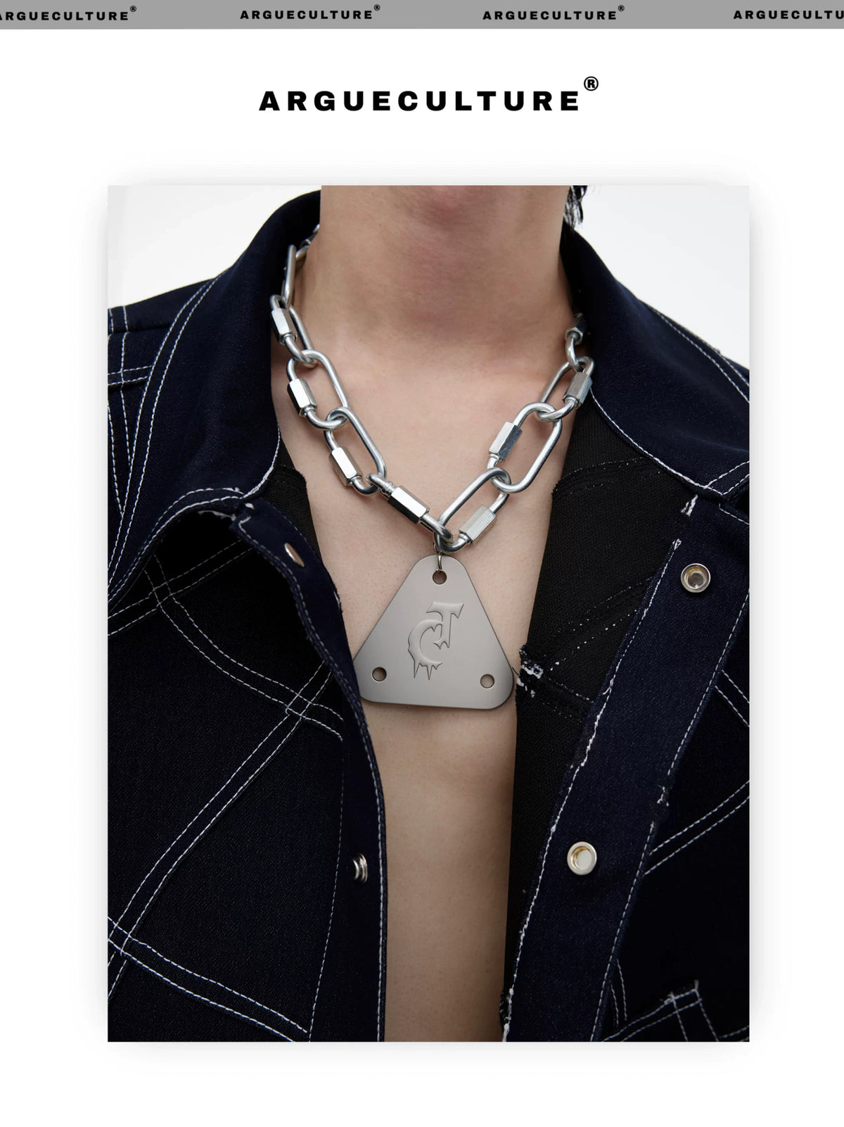 Silver Triangle Pendant Chain Necklace with Lock Clasp - detail image 5