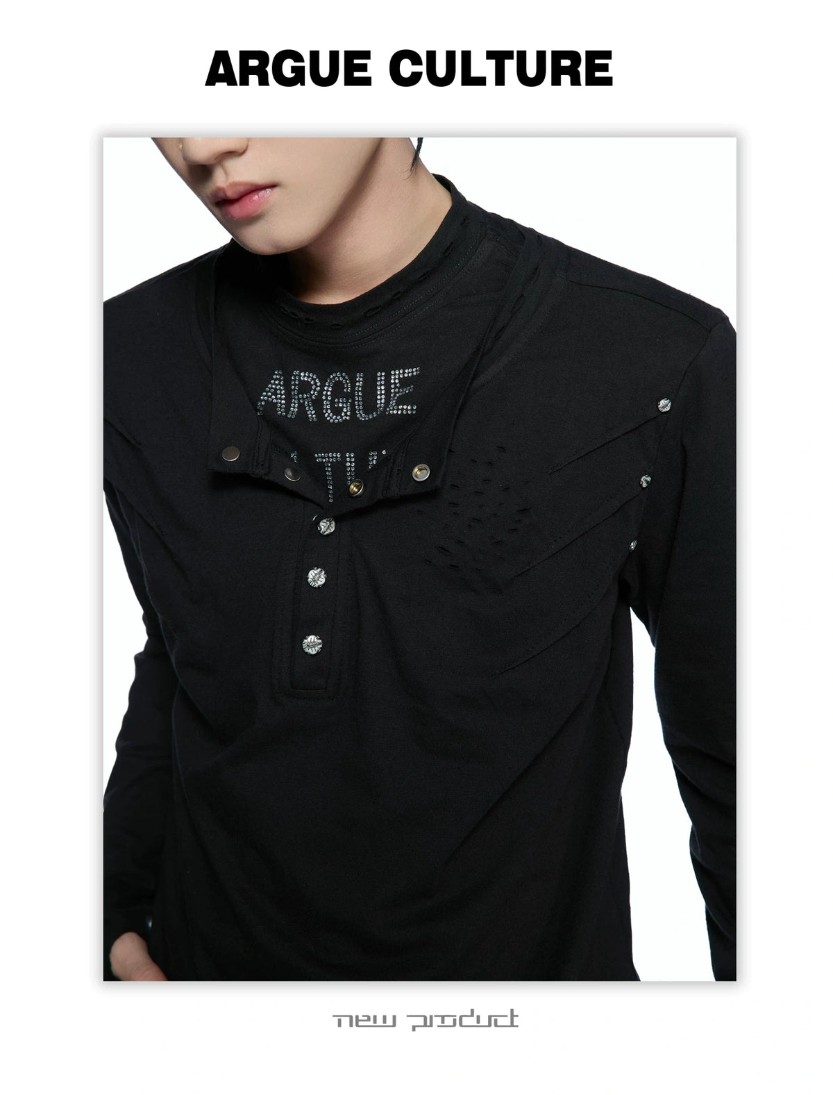 Slim Distressed Faux-Layer Henley Long-Sleeve Shirt - detail image 5