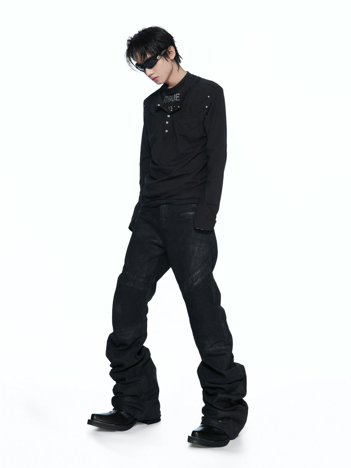 Slim Distressed Faux-Layer Henley Long-Sleeve Shirt - main image 4