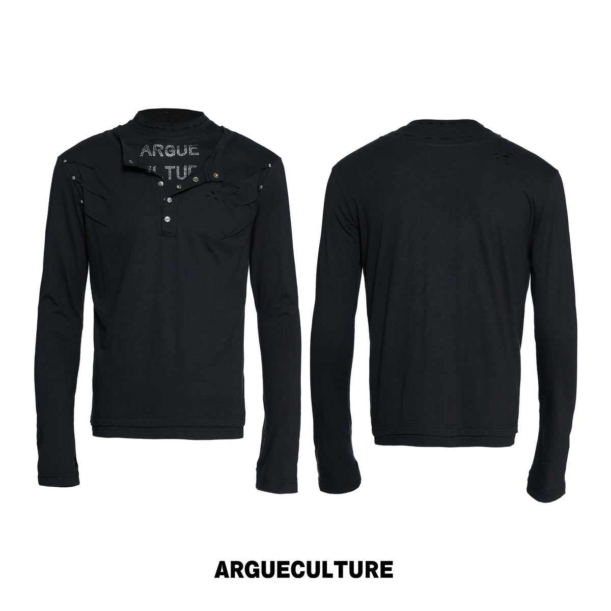 Slim Distressed Faux-Layer Henley Long-Sleeve Shirt - Black