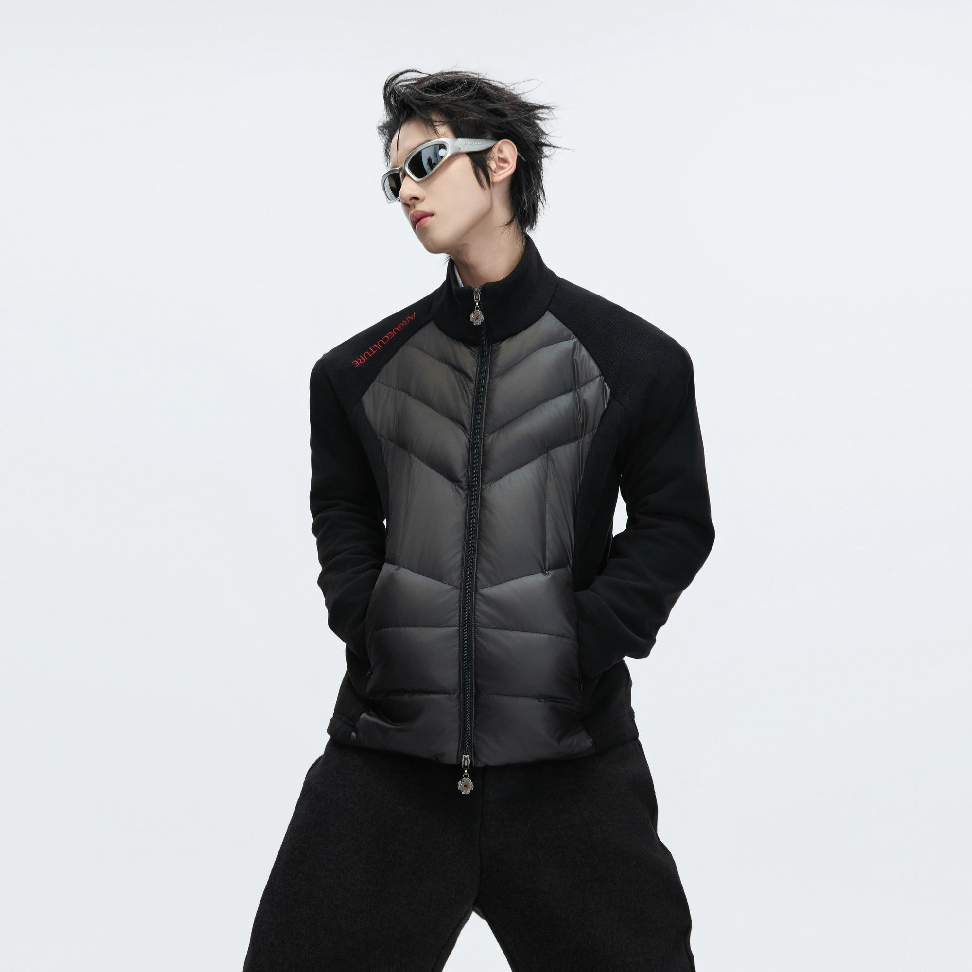 Black streetwear down jacket liner with patchwork design back view