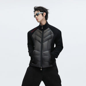Black streetwear down jacket liner with patchwork design back view