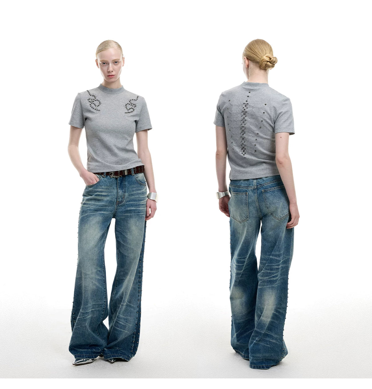Slim Spine Rivet Embroidered Streetwear T-Shirt - detail image 5