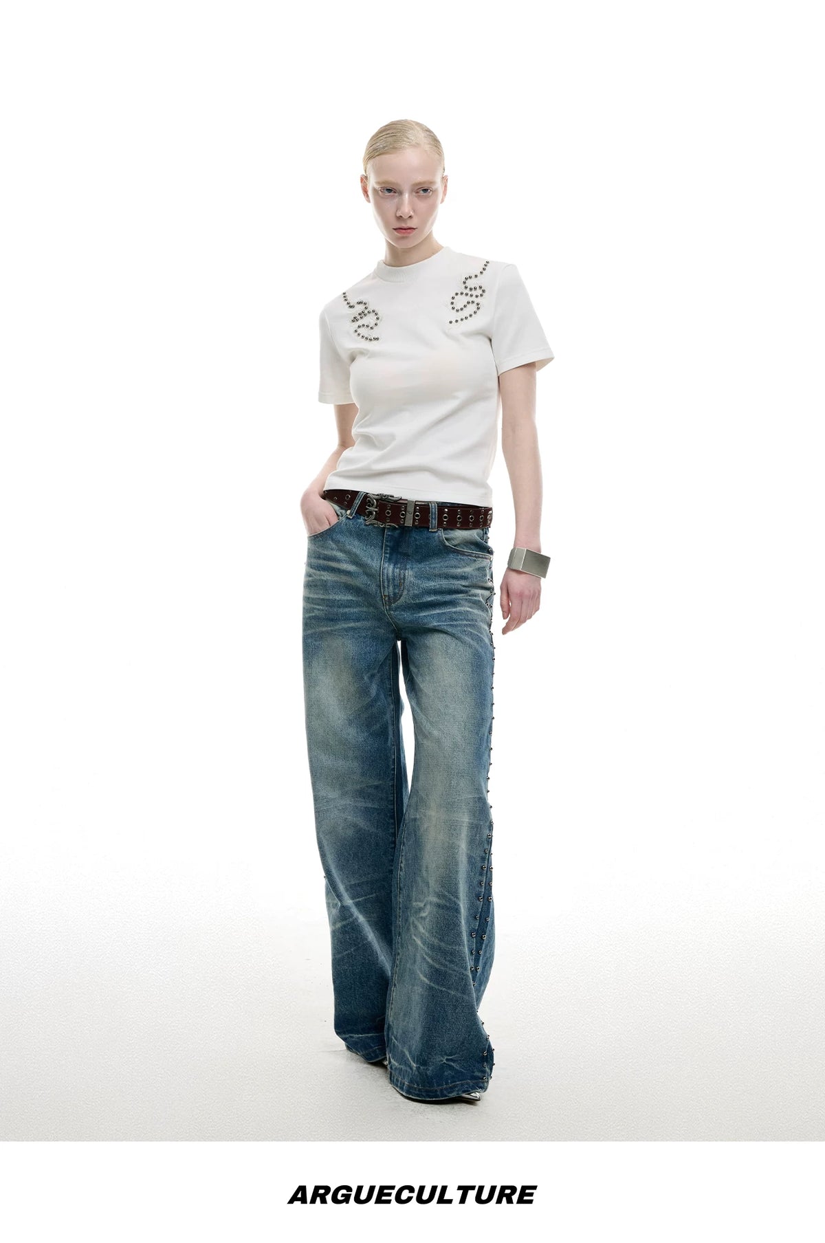 Slim Spine Rivet Embroidered Streetwear T-Shirt - detail image 16