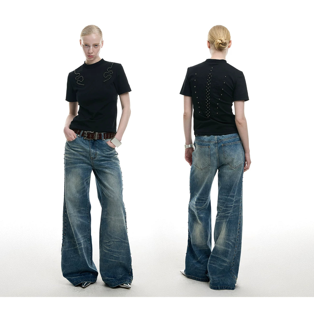 Slim Spine Rivet Embroidered Streetwear T-Shirt - detail image 9